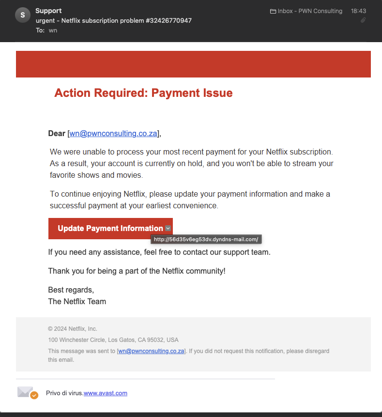 Emphasized Phishing Email